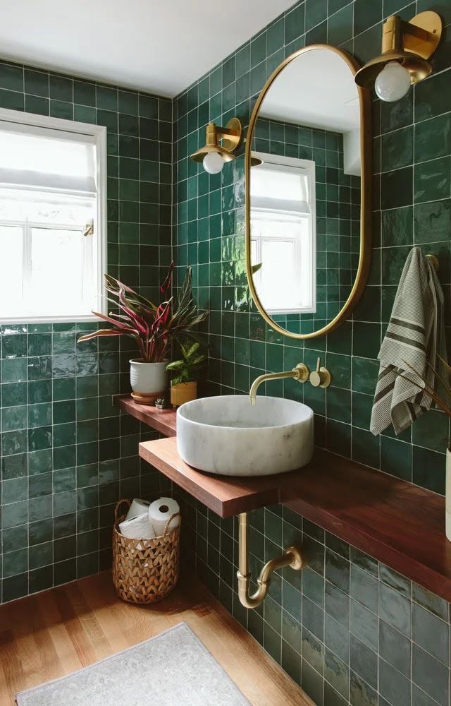 gạch thẻ 12x12cm màu xanh lá ốp tường lavabo