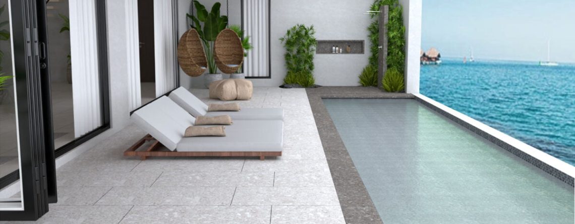 terrazzo màu trắng ốp sàn phơi nắng