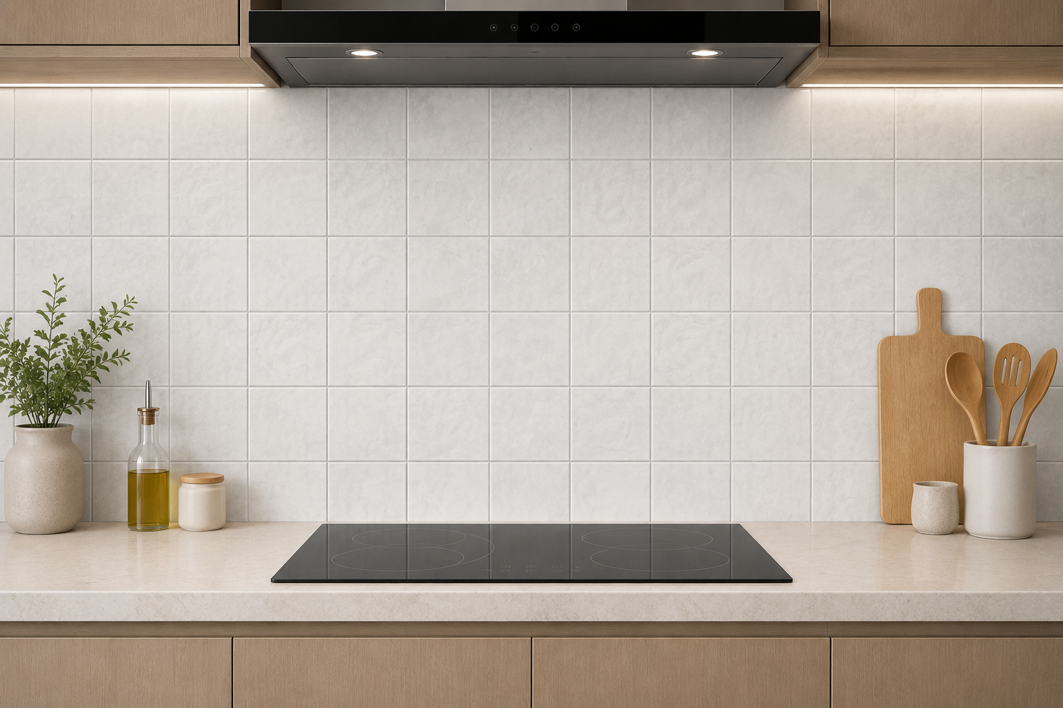 Gạch mosaic màu trắng bóng gợn ốp tường bếp