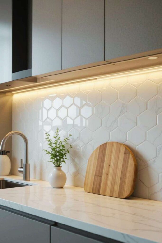 Mosaic lục giác trắng trang trí tường bếp
